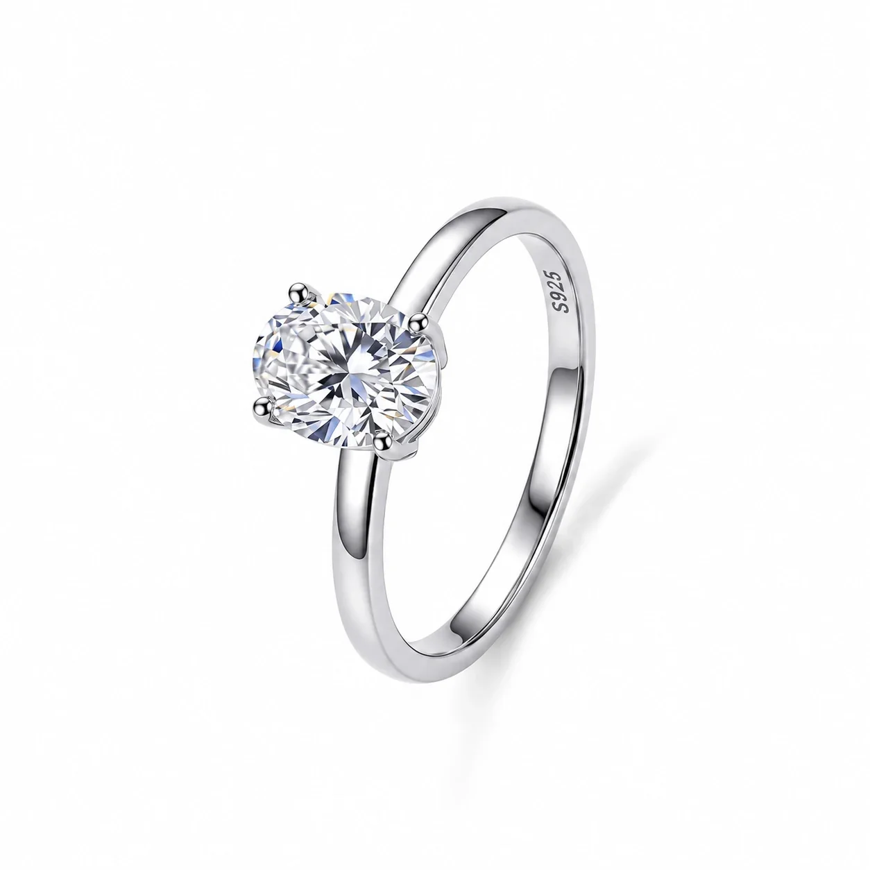 Polished Oval Four-Prong Moissanite 925 Sterling Silver Ring - Silver