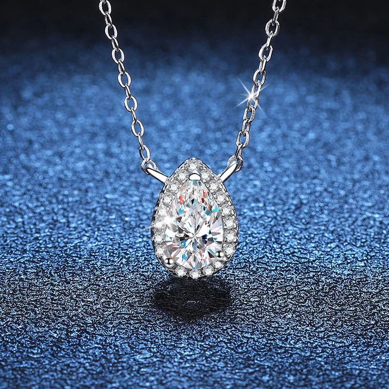 Luminous Pear Halo Electroplated 925 Sterling Silver Necklace - 1 ct Moissanite