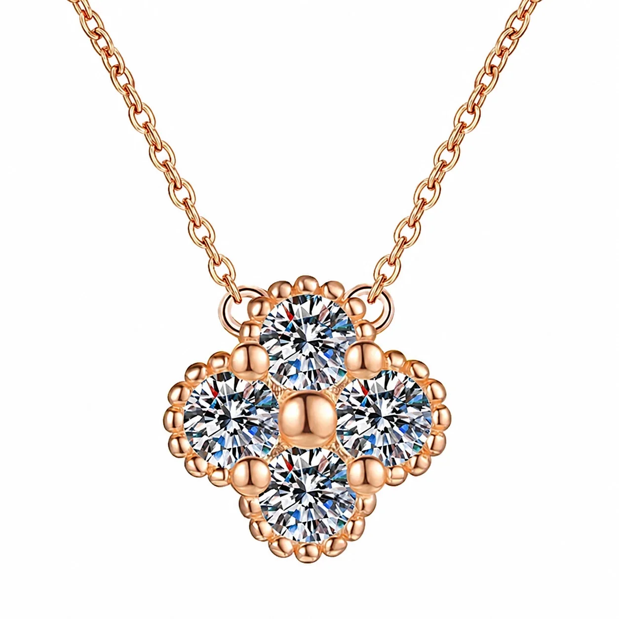 Beaded Clover Round Moissanite 925 Sterling Silver Necklace - Rose Gold 1.2 ct Moissanite