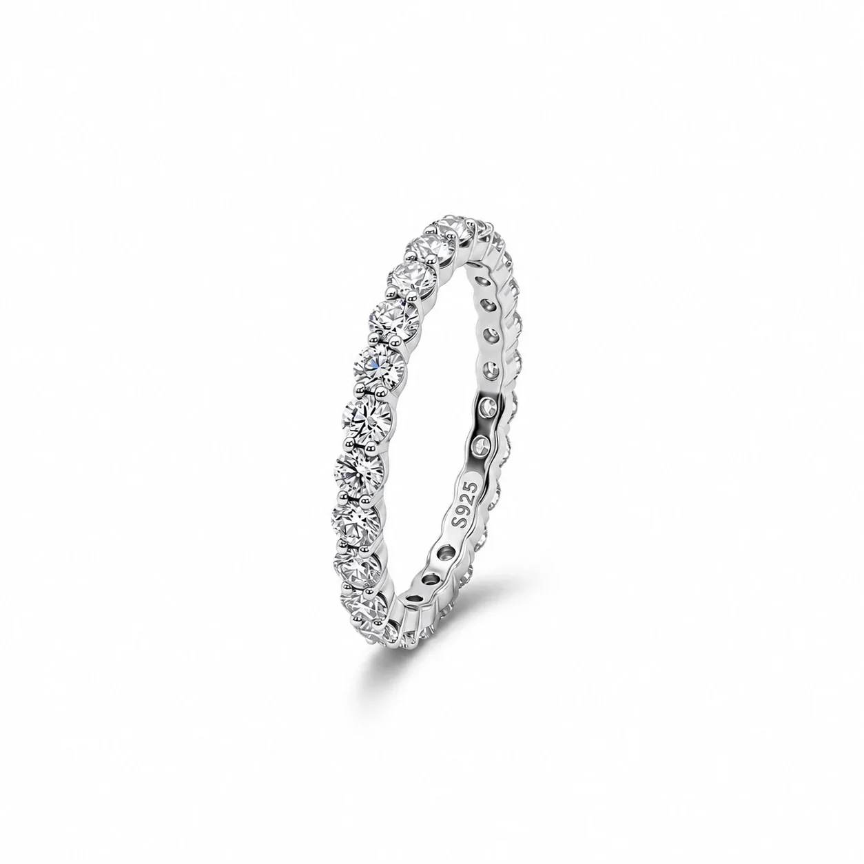 Eternity Round Moissanite Prong-Set 925 Sterling Silver Ring - Silver