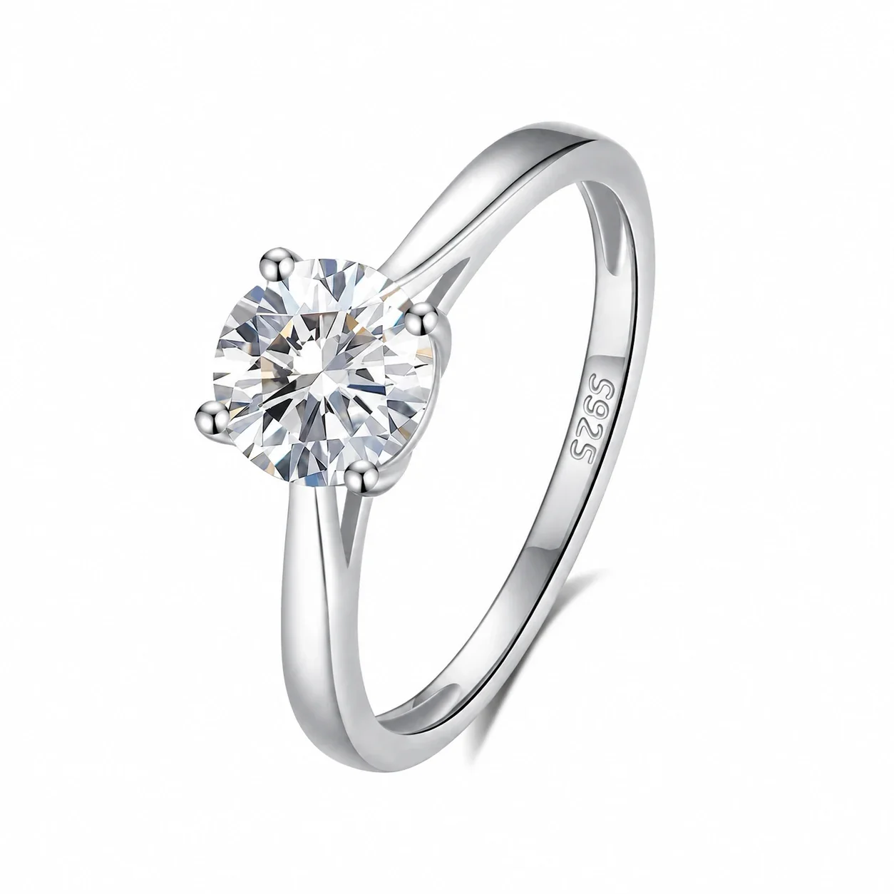 Refined Round Four-Prong 925 Sterling Silver Split-Shank Ring - D-Color Moissanite