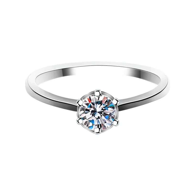 Timeless 925 Sterling Silver Six-Prong Round Moissanite Ring - Silver