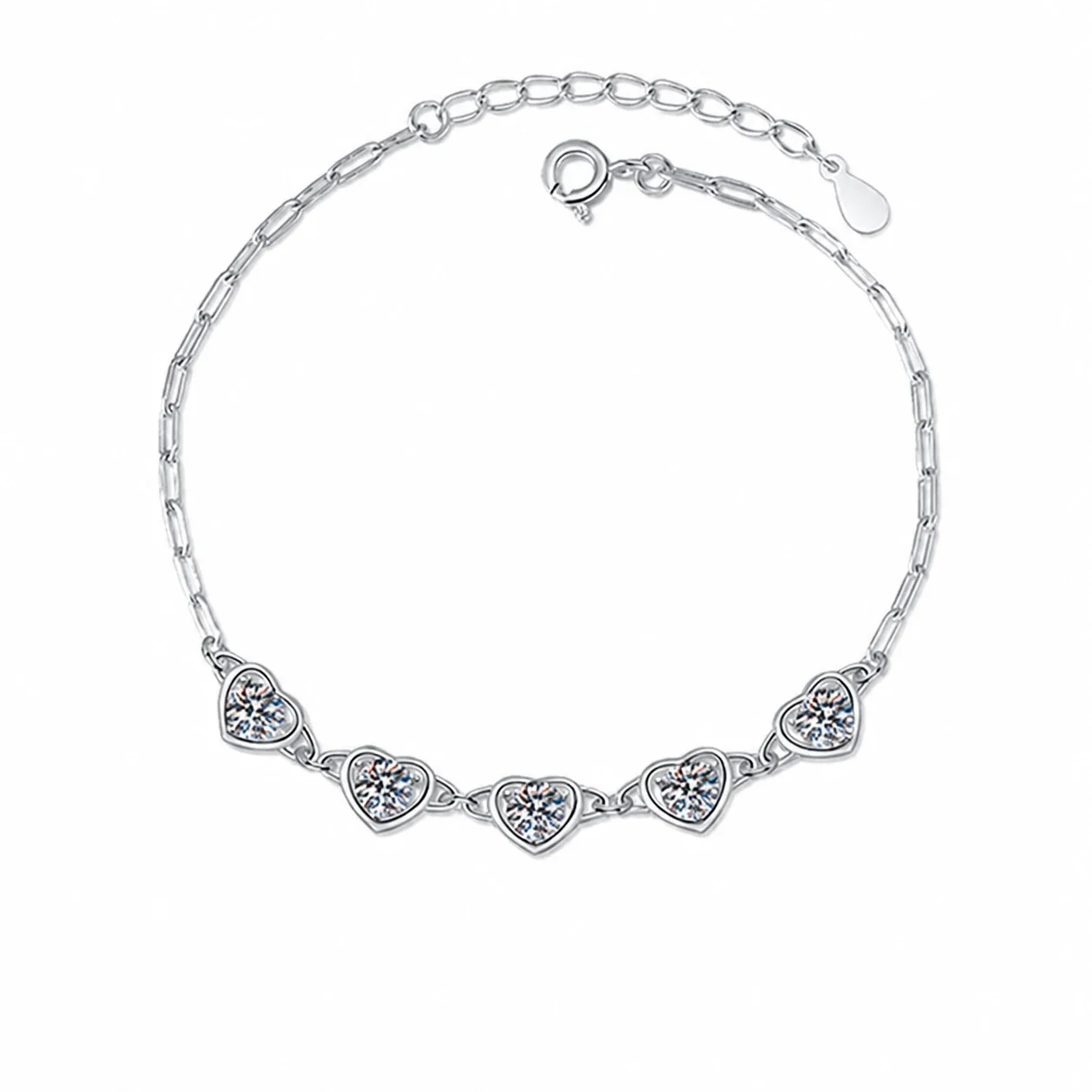 Dainty Five-Heart 925 Sterling Silver Round Moissanite Bracelet - 1.5 ct Moissanite