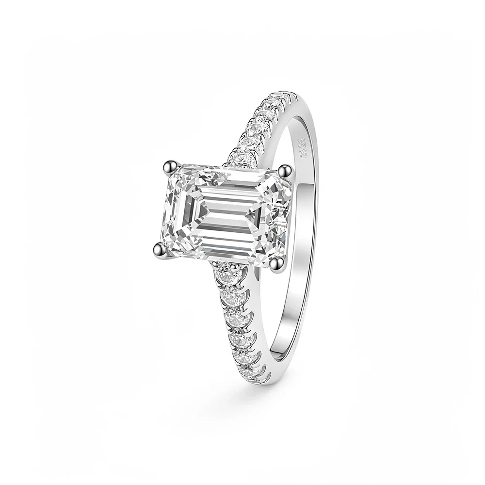 Radiant 925 sterling silver Emerald-Cut Pavé Ring - Silver 5 x 7 mm Moissanite