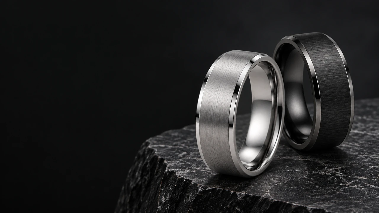 Silver-tone and black brushed metal rings with polished beveled edges